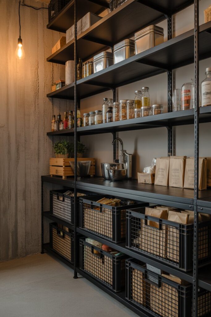 Industrial-style corner pantry with open metal shelving and wire basket storage