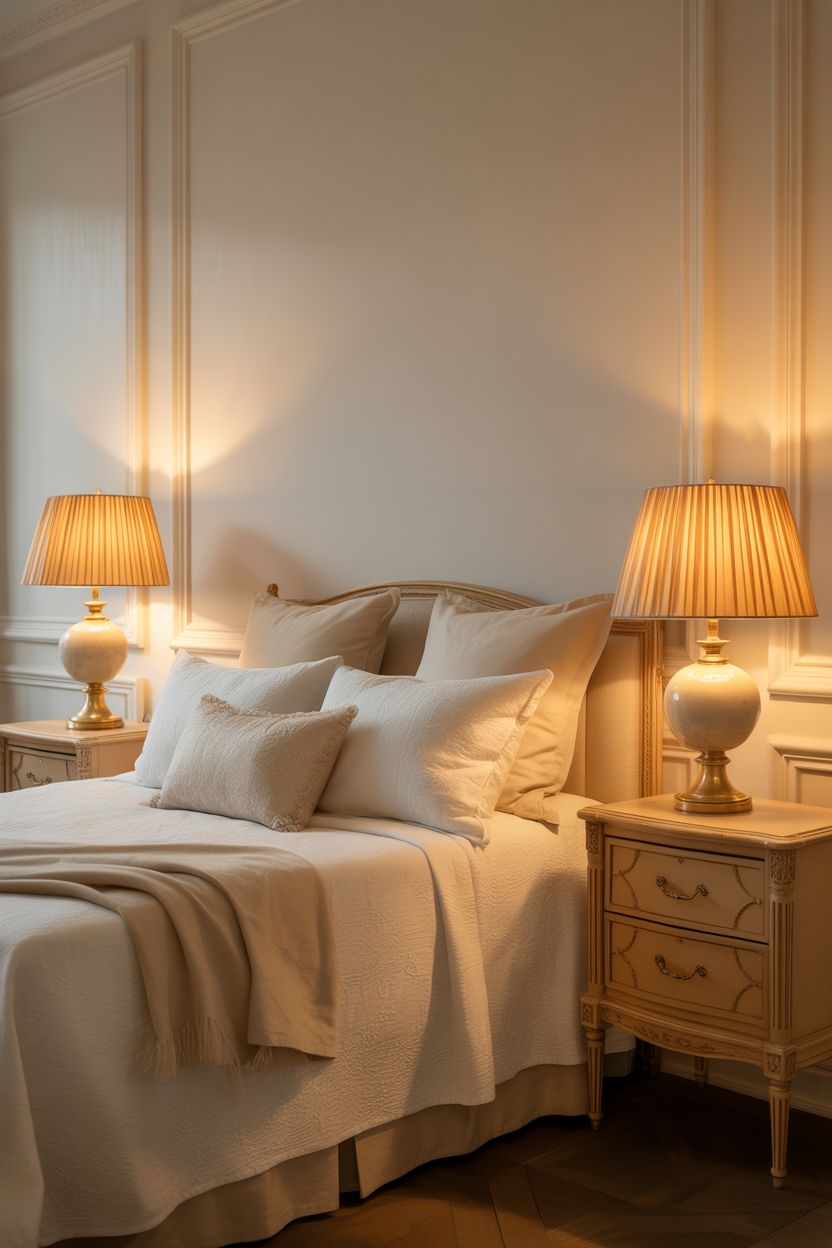 Matching tan nightstands with lamps on both sides