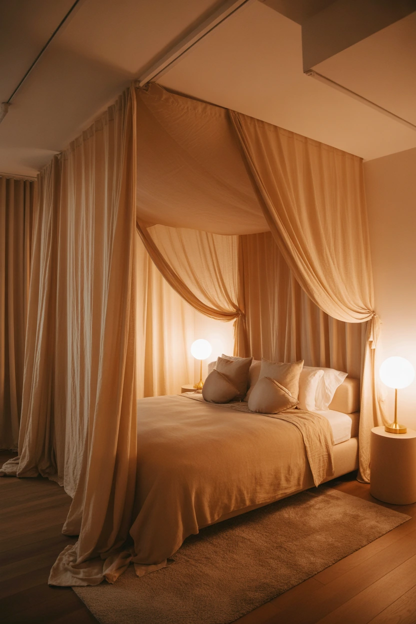 tan bedroom with soft beige curtains and cozy lighting