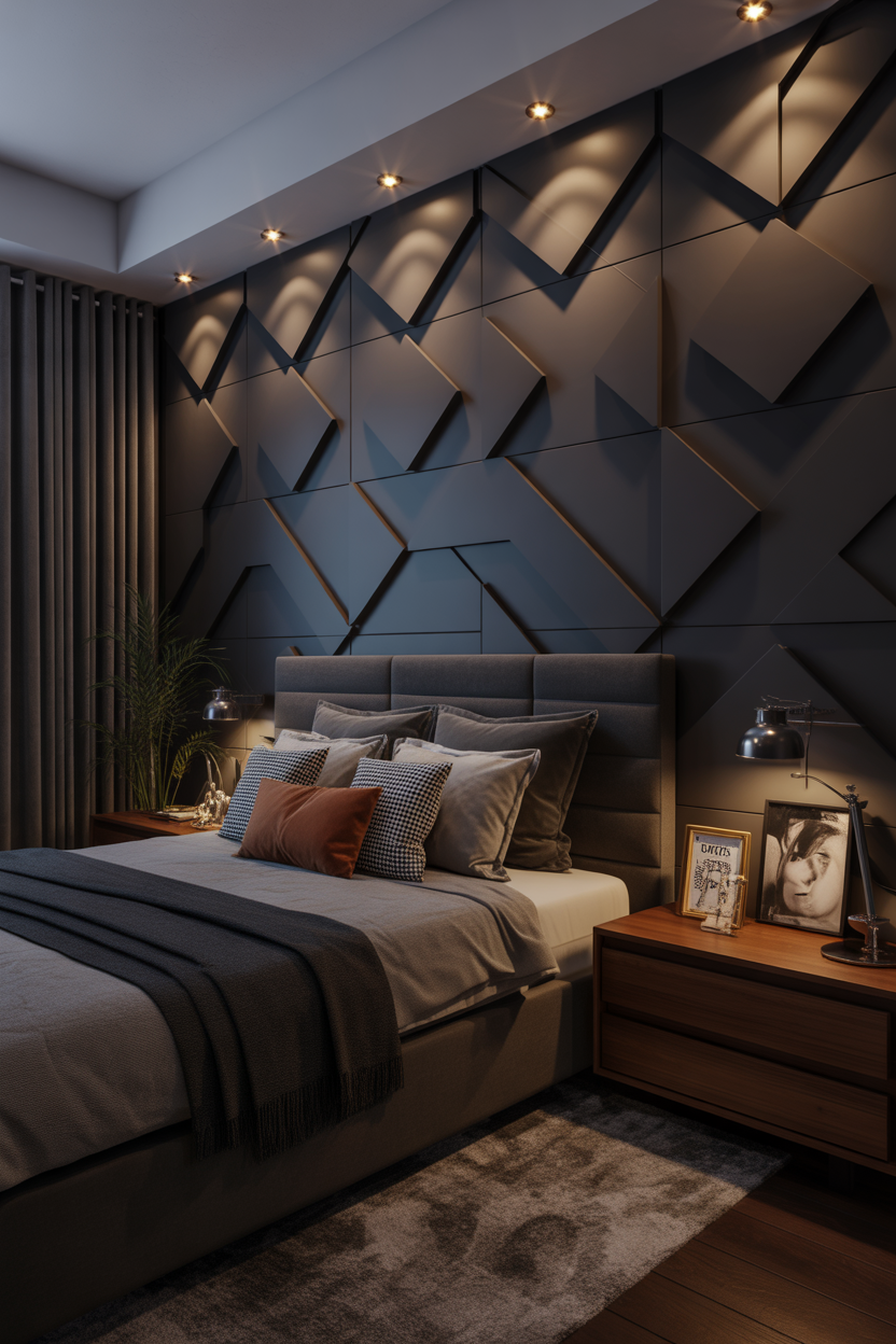 black geometric accent wall bedroom with 3d panels and dramatic lighting