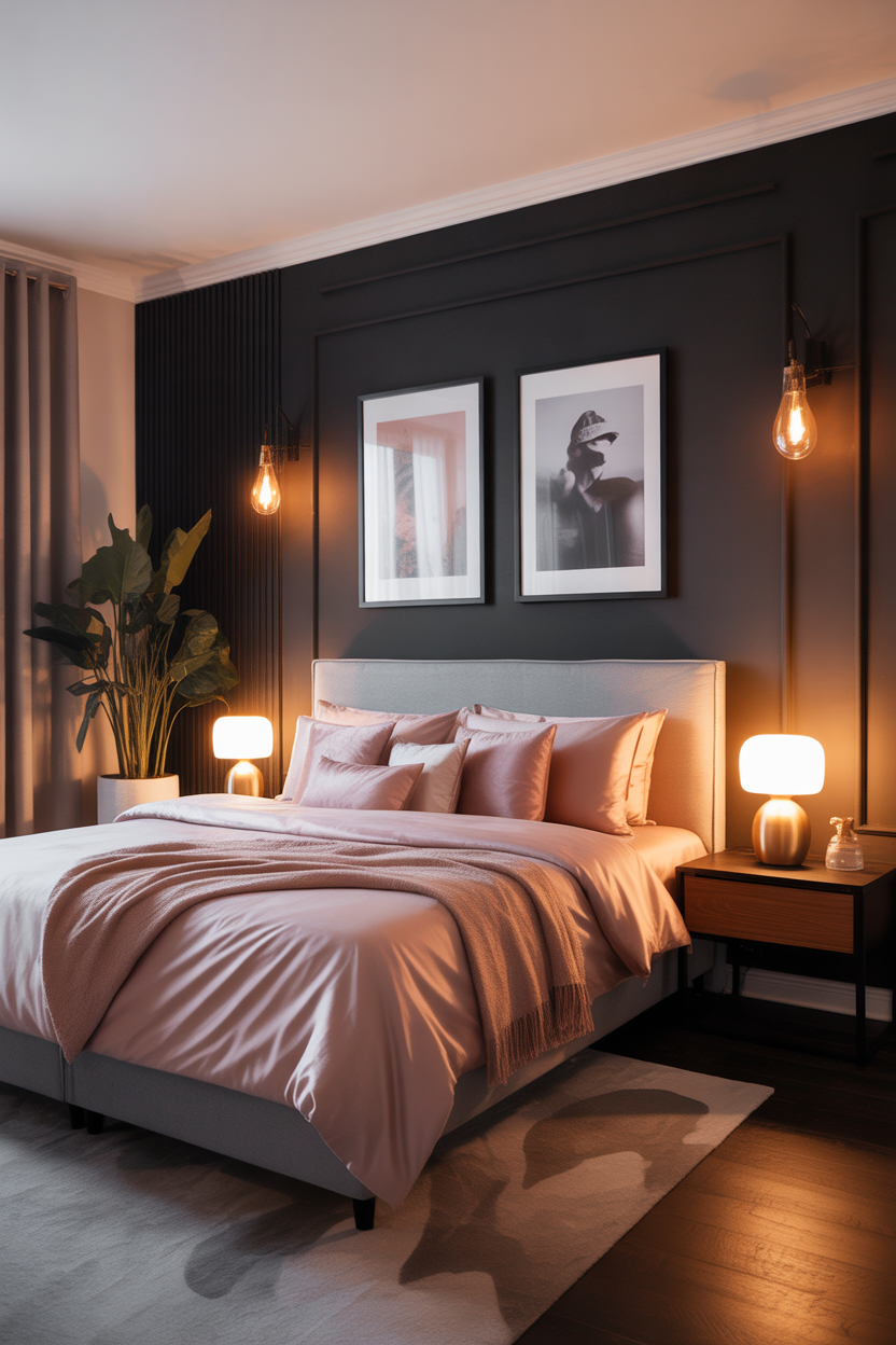 black accent wall bedroom with blush pink bedding and warm cozy lighting