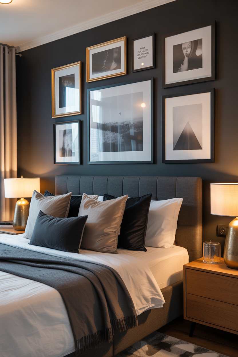 black accent wall bedroom with gallery wall and framed art decor