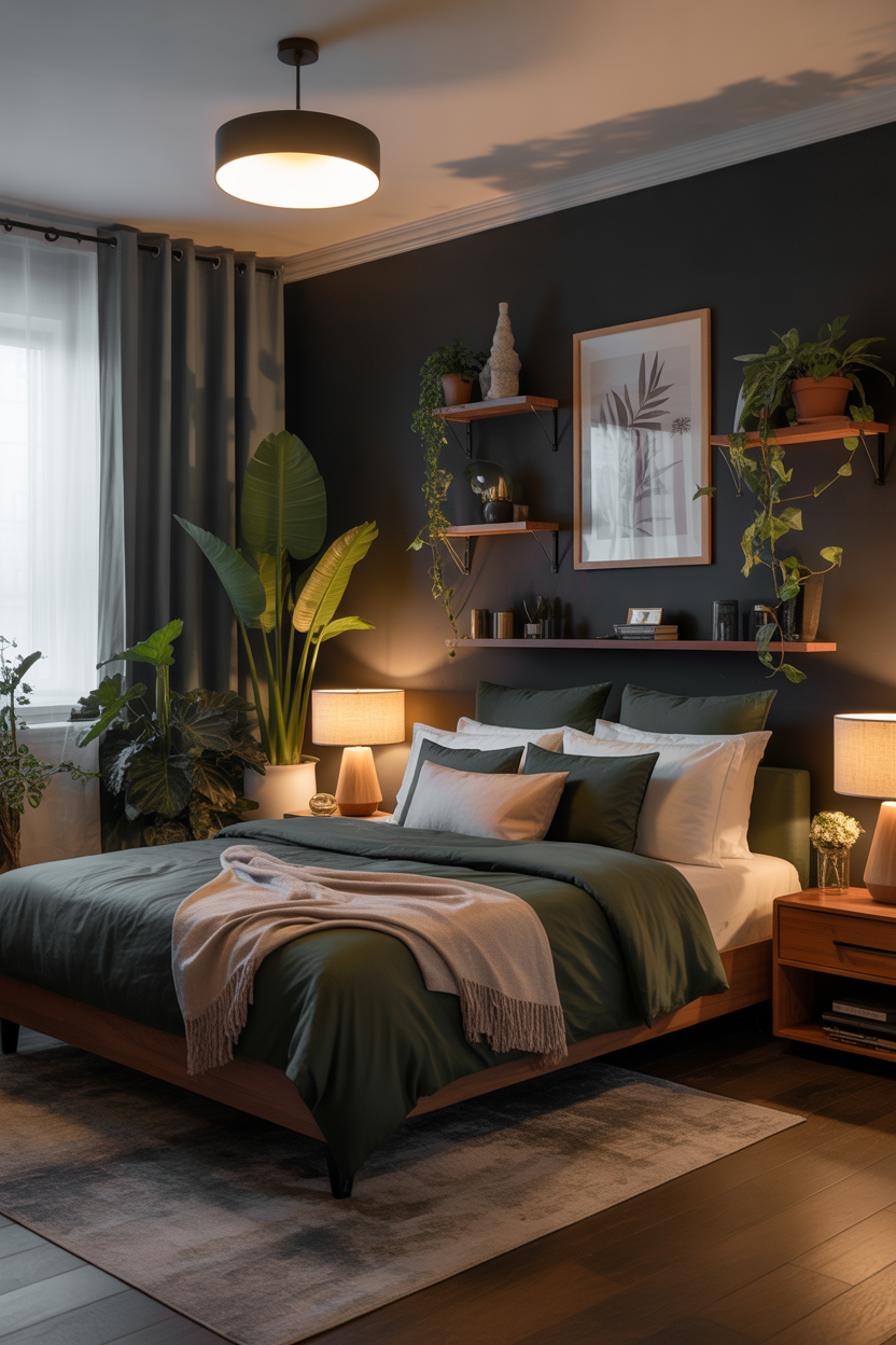 black accent wall bedroom with green decor and plants cozy natural style