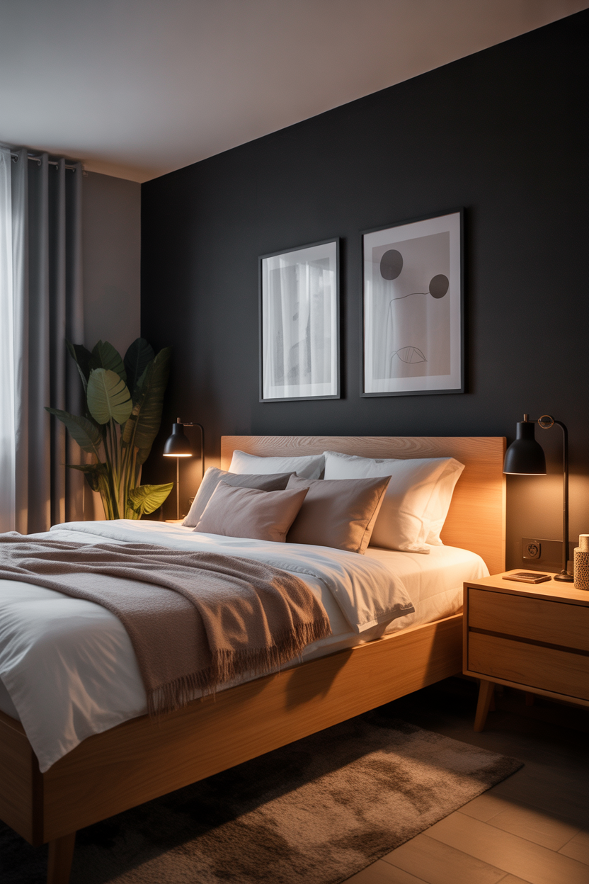 black accent wall bedroom with Scandinavian style and light wood decor