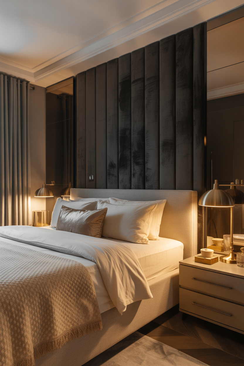black accent wall bedroom with velvet texture and warm cozy lighting