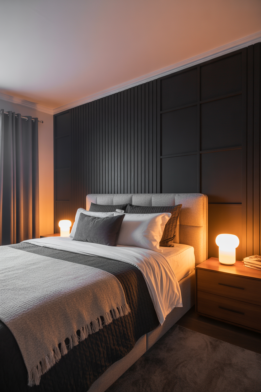 black accent wall bedroom with peel and stick wallpaper, modern cozy design