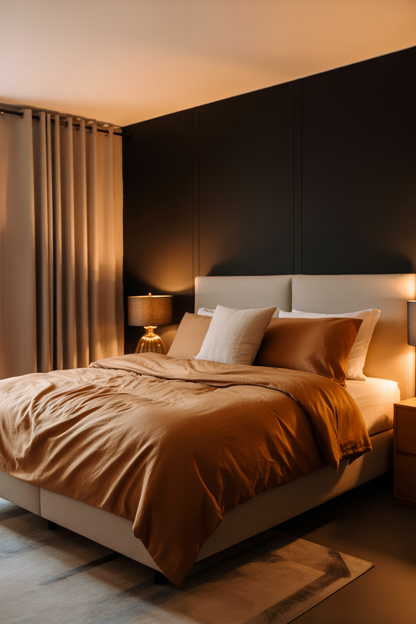 black accent wall bedroom with warm neutral tones and cozy lighting