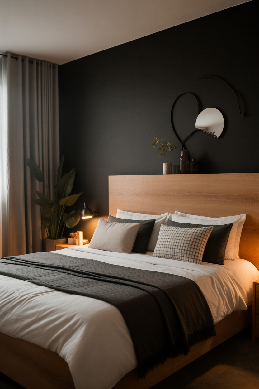 black accent wall bedroom with wood headboard and natural cozy decor