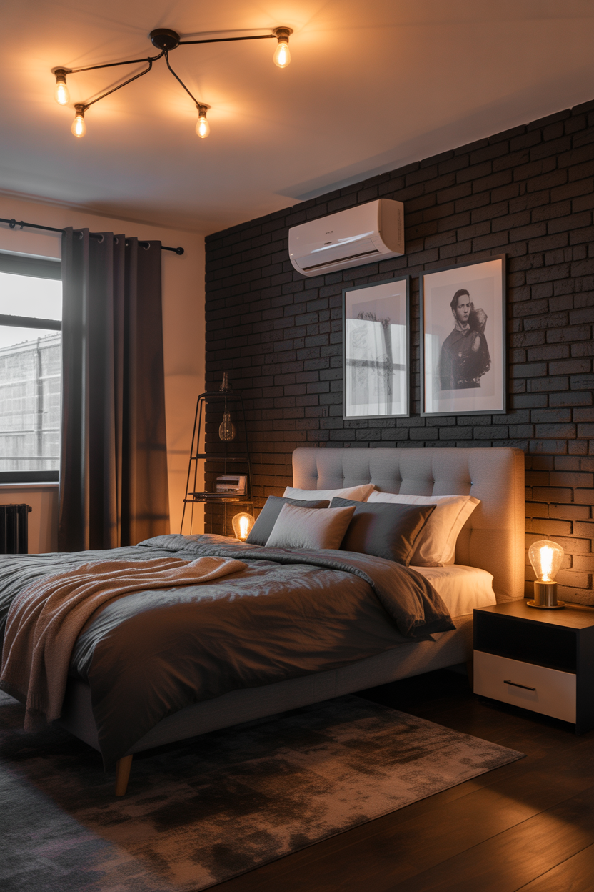 black brick accent wall bedroom with industrial decor and warm lighting