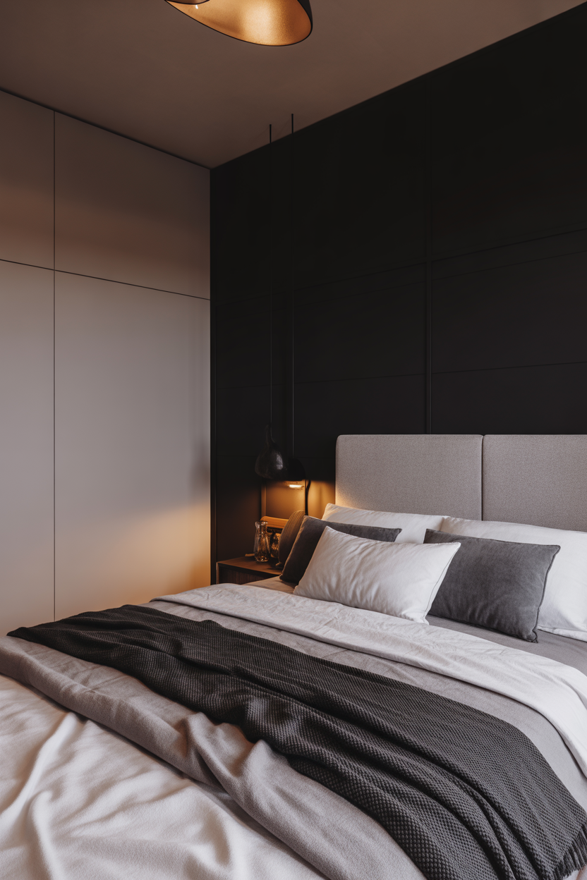 black and gray accent wall bedroom with modern layered textures and lighting