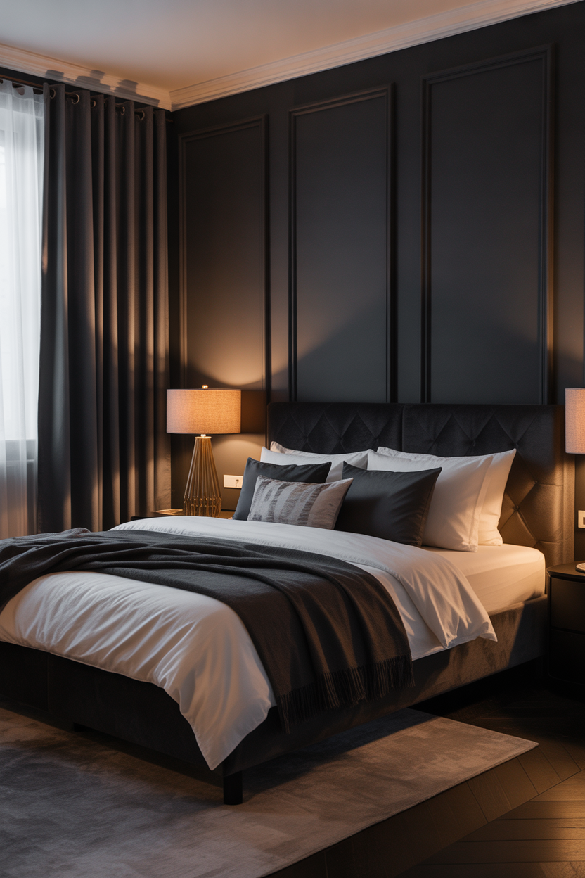 black and navy accent wall bedroom with warm lighting and a luxury feel