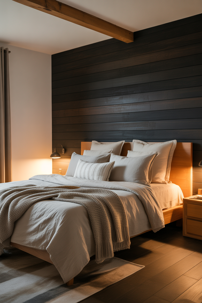 black shiplap accent wall bedroom with cozy rustic decor and warm lighting