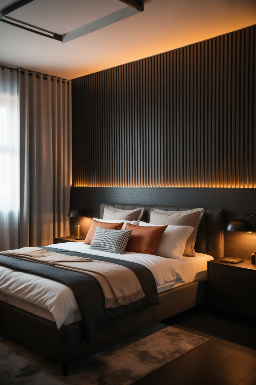 black slat accent wall bedroom with warm lighting and modern cozy design
