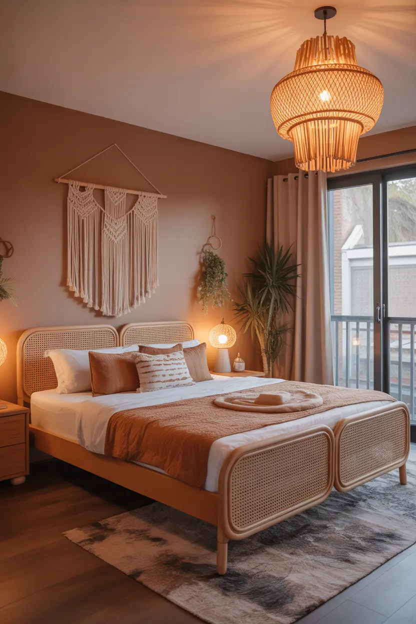 boho tan bedroom with natural textures and cozy lighting