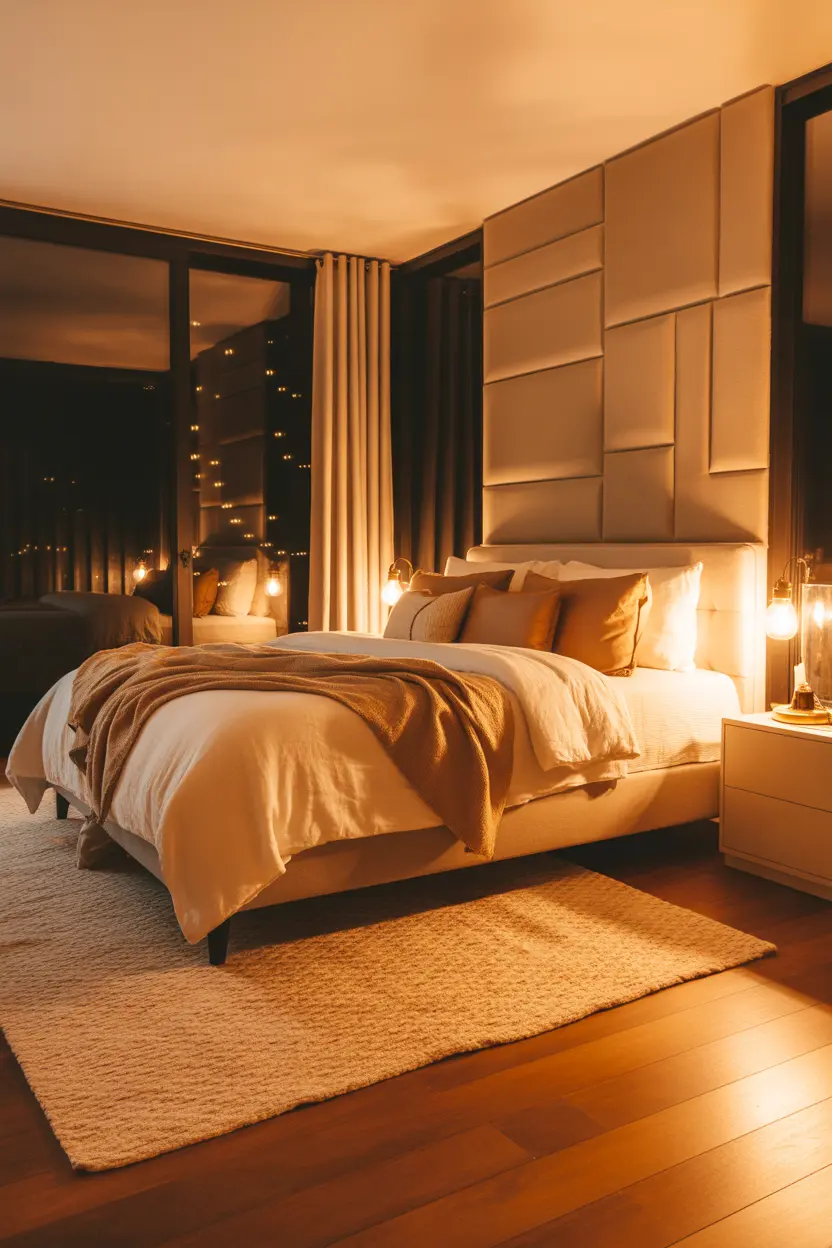 cozy tan bedroom with soft rug and warm lighting