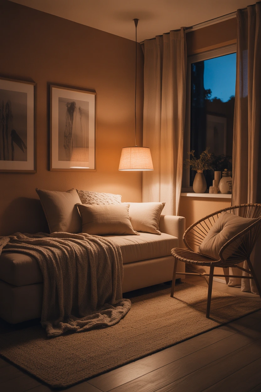 cozy tan bedroom corner with cushions and warm lighting