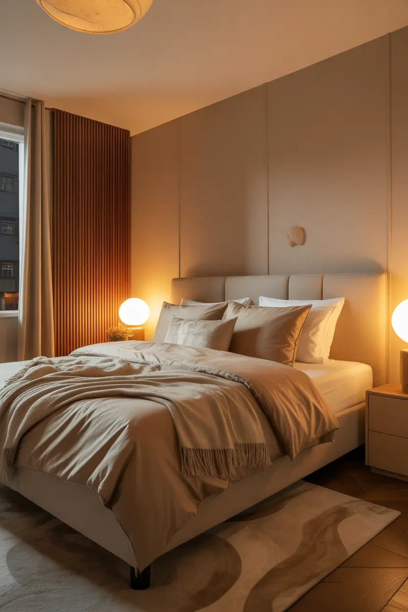 cozy tan bedroom with layered neutral bedding and warm lighting