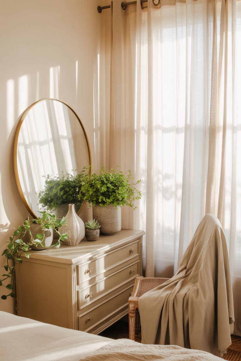 Tan dresser with mirror and small plants