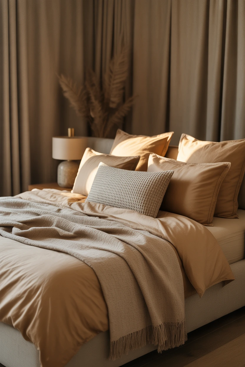 tan bedroom with soft linen and cotton textures