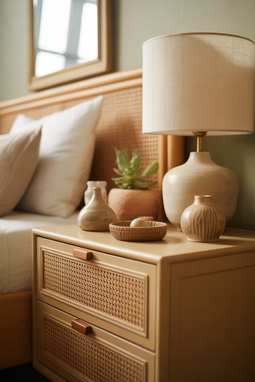 Floating tan nightstand in a small bedroom