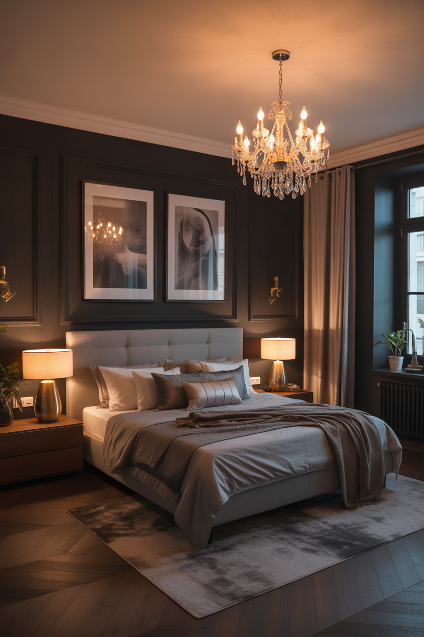 full black wall bedroom with statement lighting, luxury cozy night design