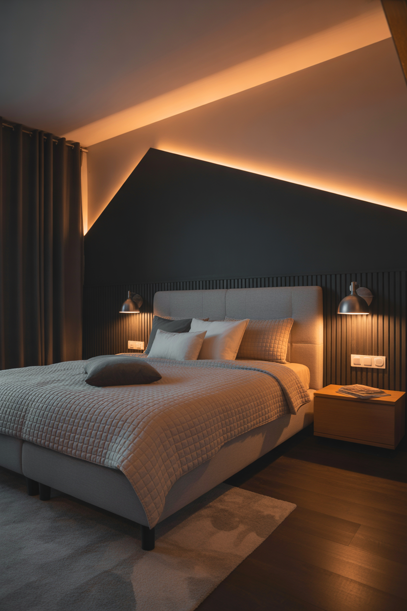 small bedroom with half black accent wall and cozy warm lighting