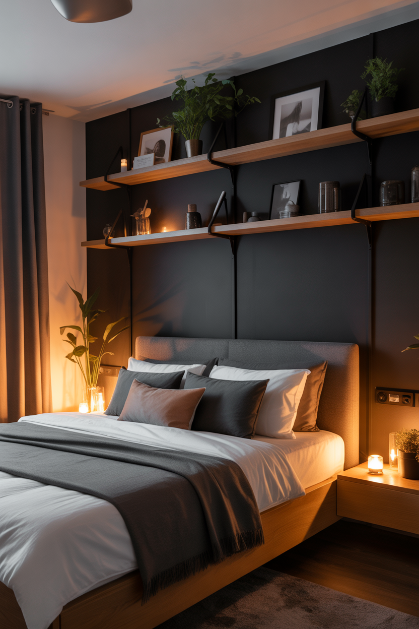 Minimalist black accent wall bedroom with floating shelves and warm lighting