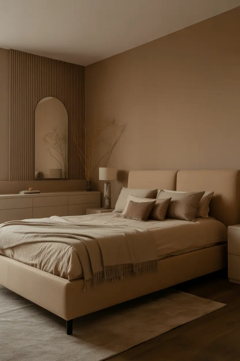 minimalist cozy tan bedroom with clean modern design