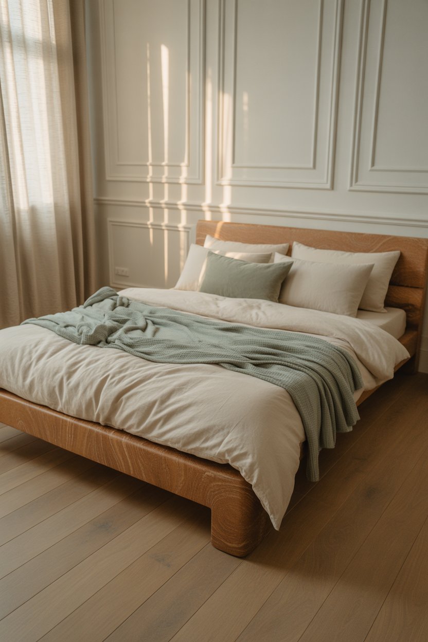 Solid tan wood bed frame with ivory bedding in modern French bedroom