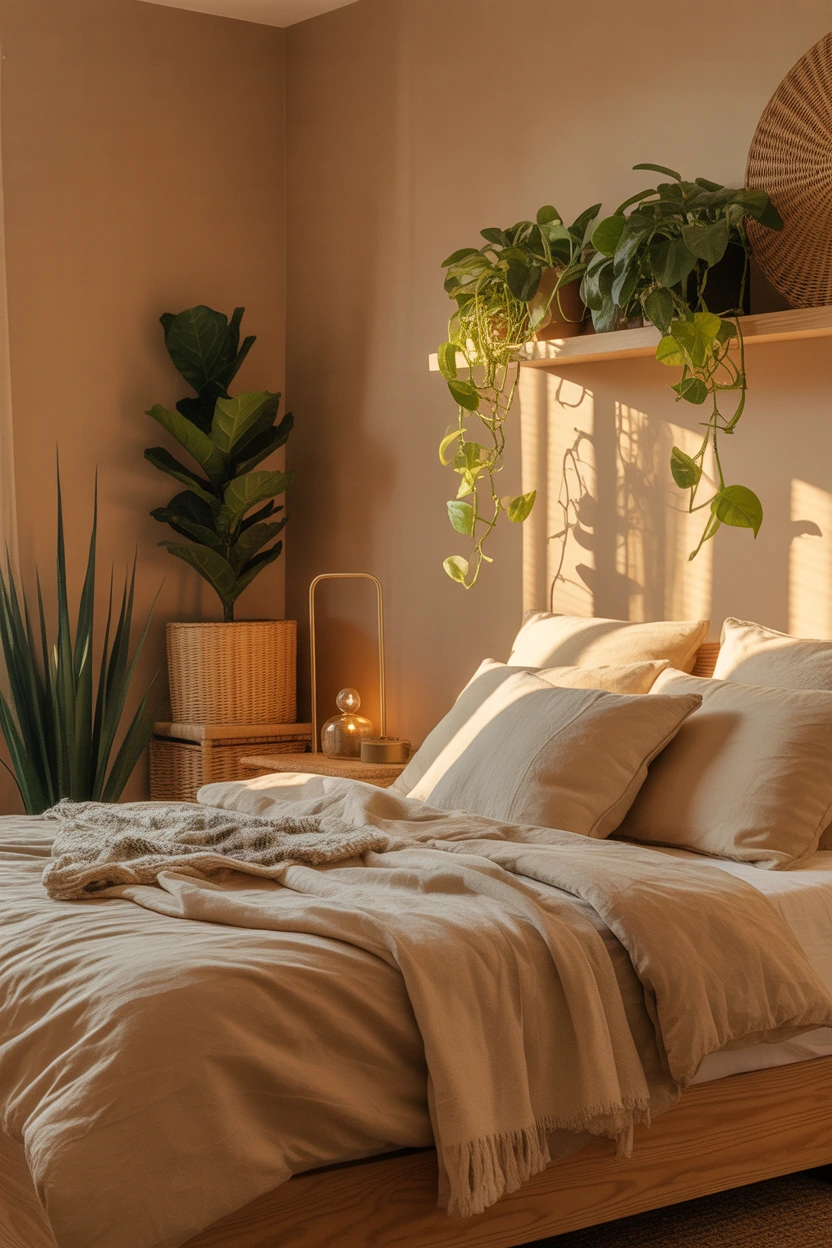cozy tan bedroom with plants and warm lighting