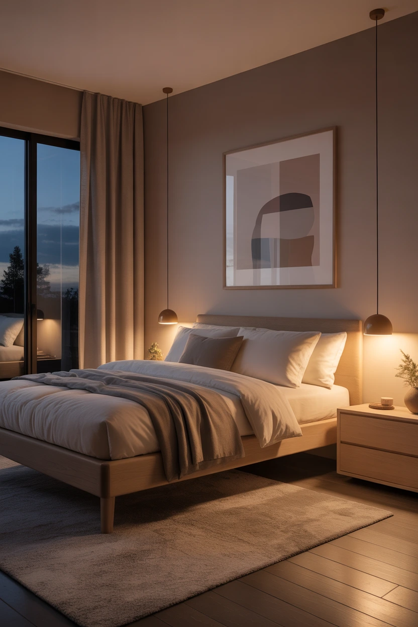 Scandinavian tan bedroom with minimalist cozy design