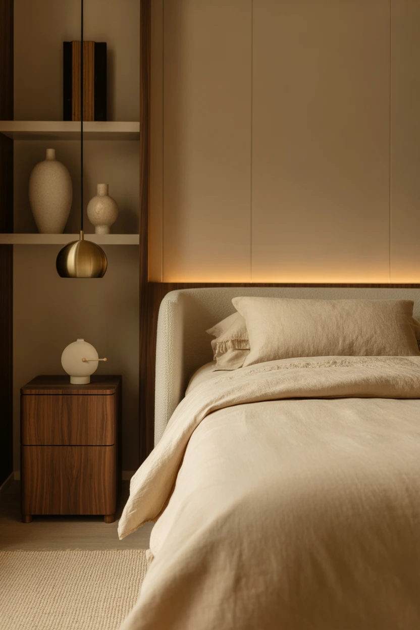 small cozy tan bedroom that feels spacious and warm