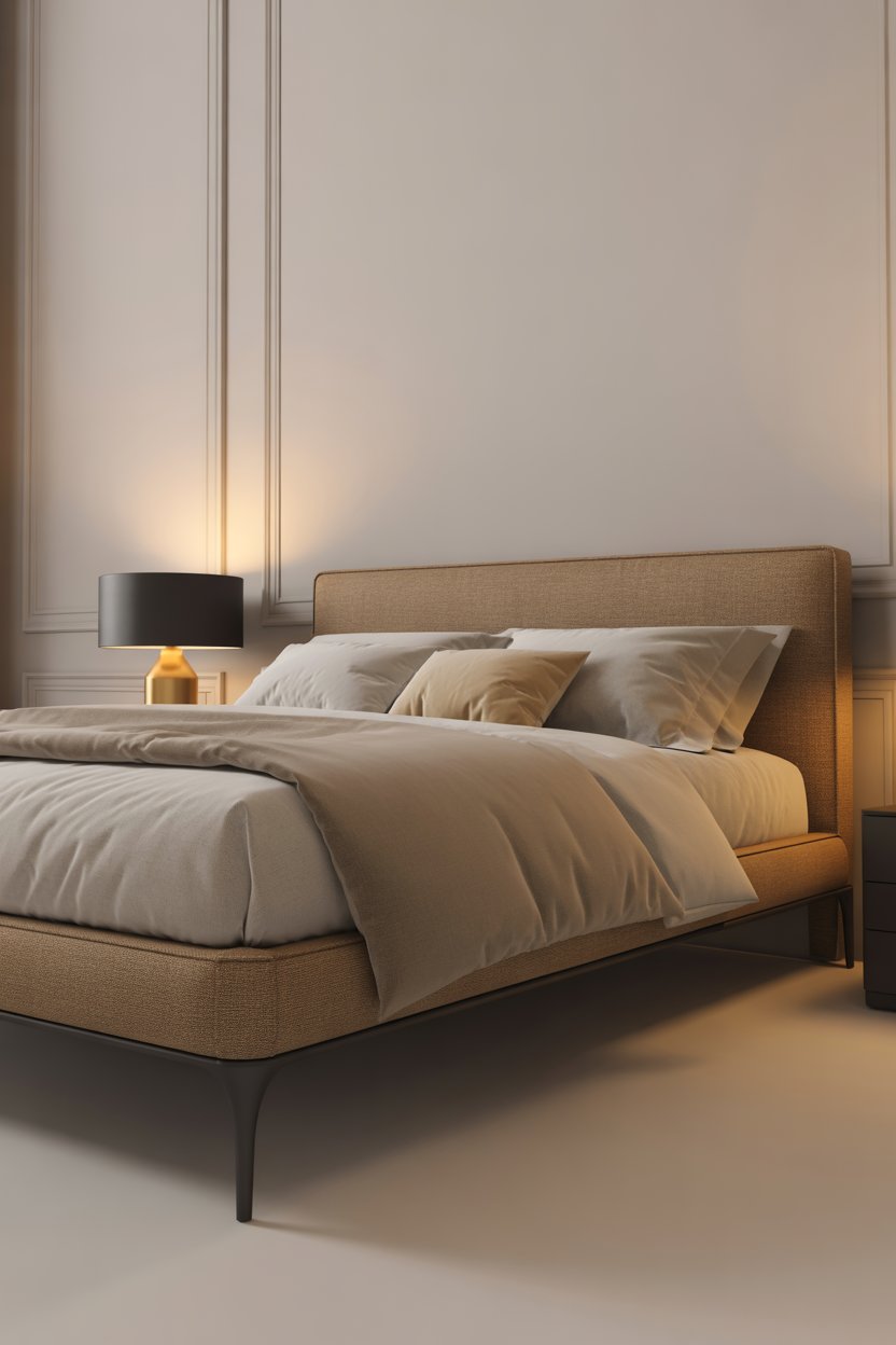 Tan bed with black metal legs in a modern room