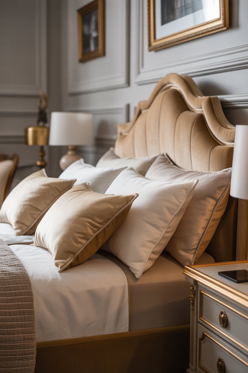 Tan bed frame with black metal legs in modern French bedroom