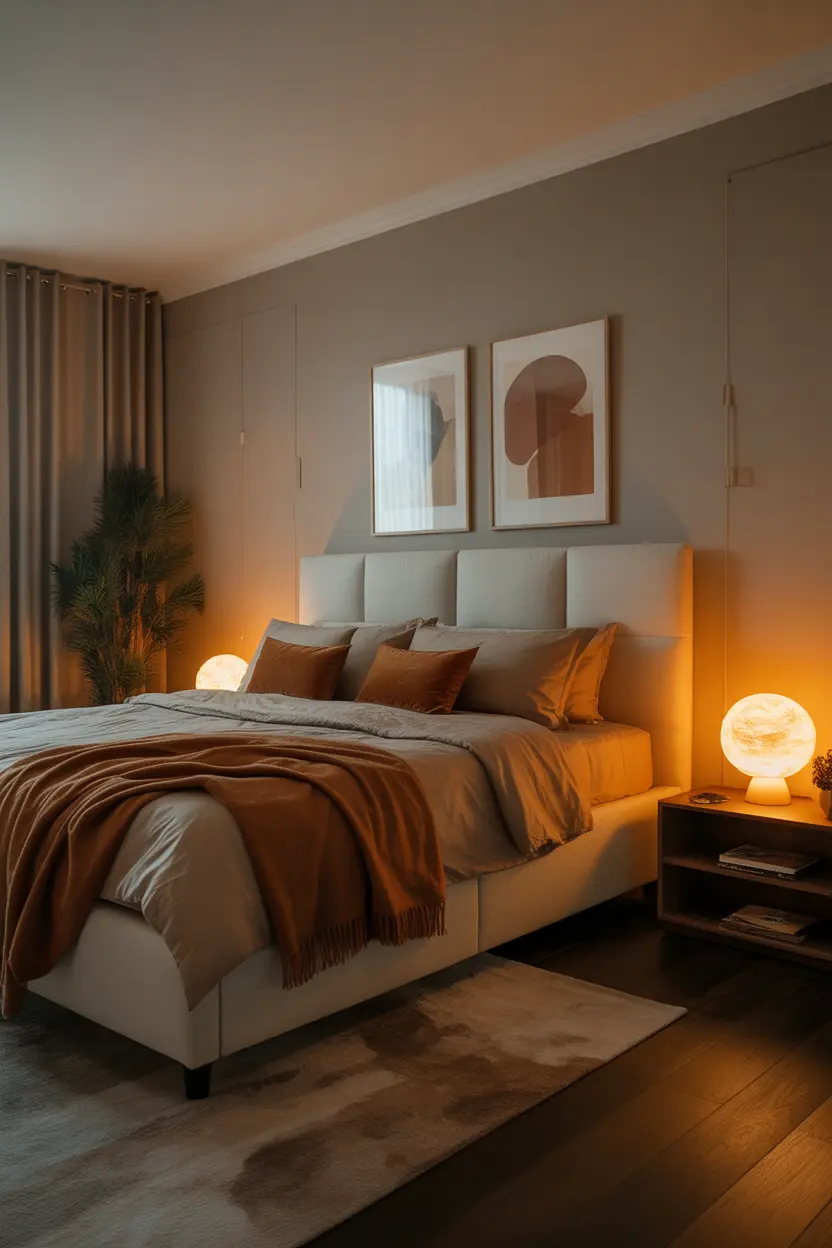 tan bedroom with mixed light and dark tones for depth
