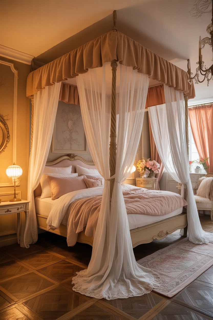 Tan canopy bed with light flowing curtains