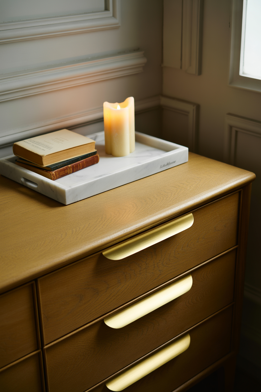 Tan dresser with gold handles and simple decor