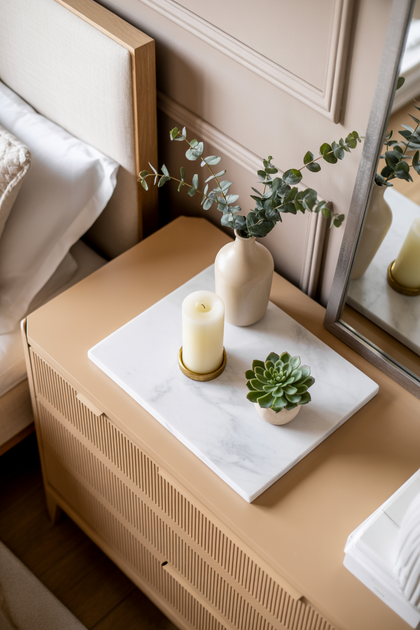Tan dresser with a marble top and minimal styling