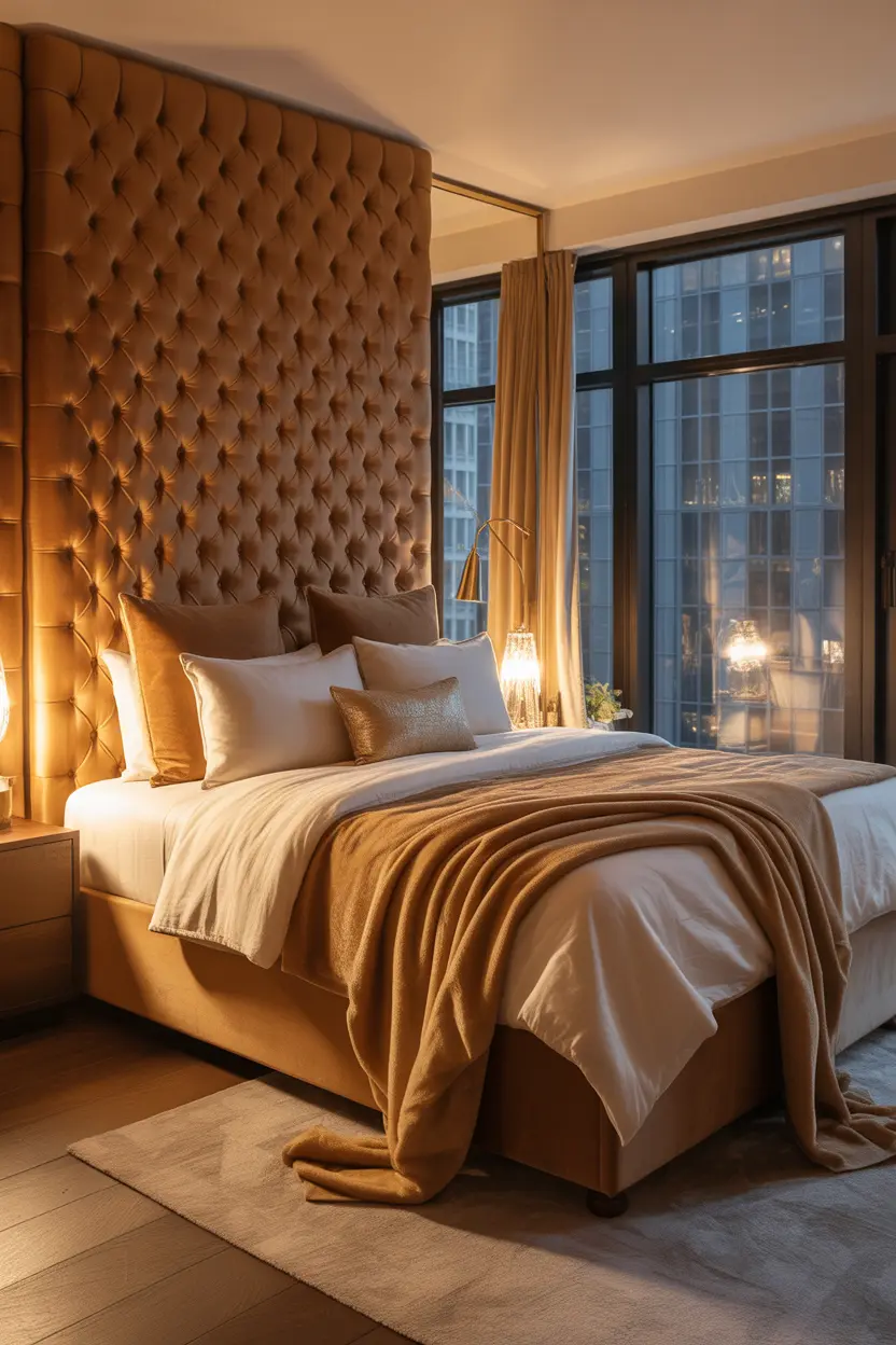 tan bedroom with elegant statement headboard and warm lighting