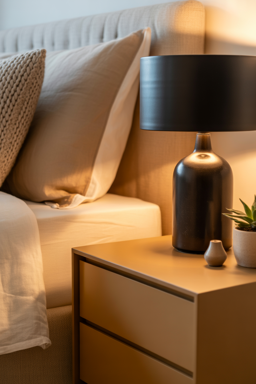 Tan nightstand paired with black lamp in cozy modern setup