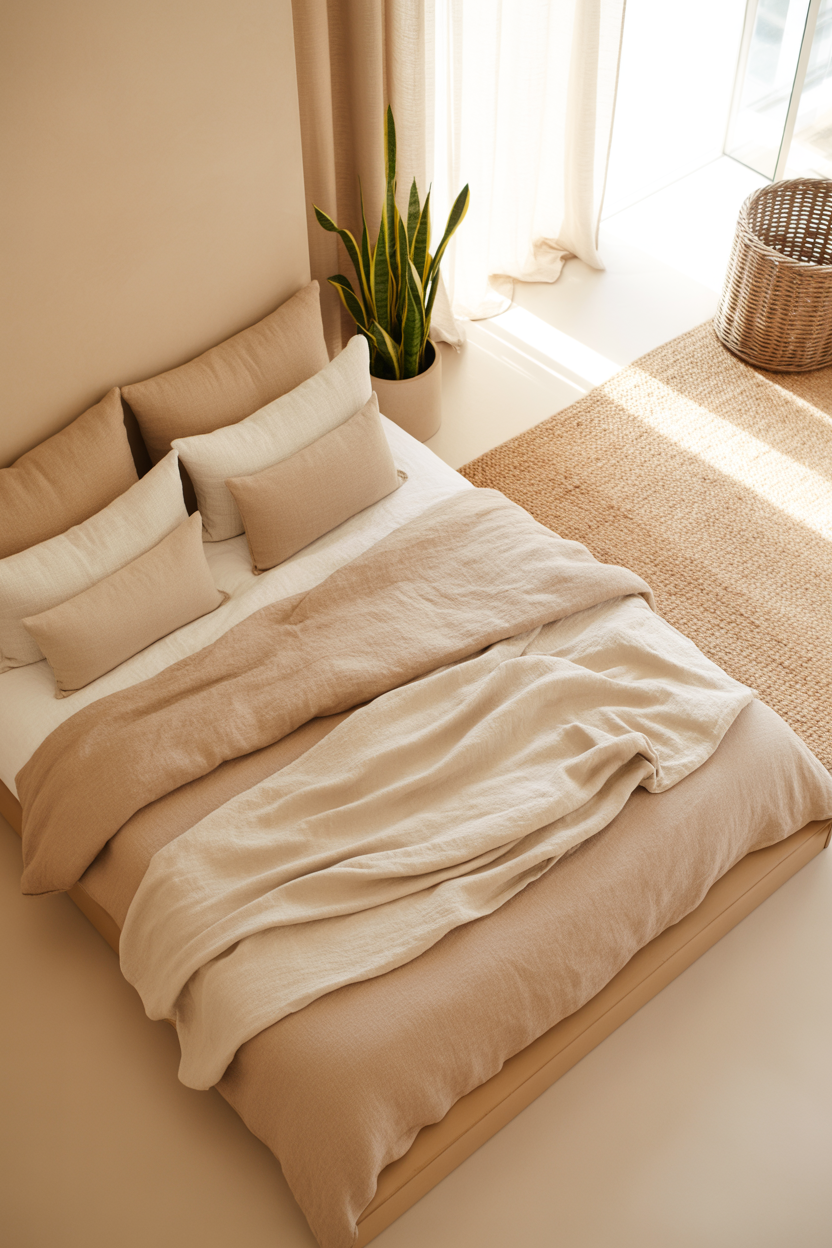 Low tan platform bed in a calm neutral space