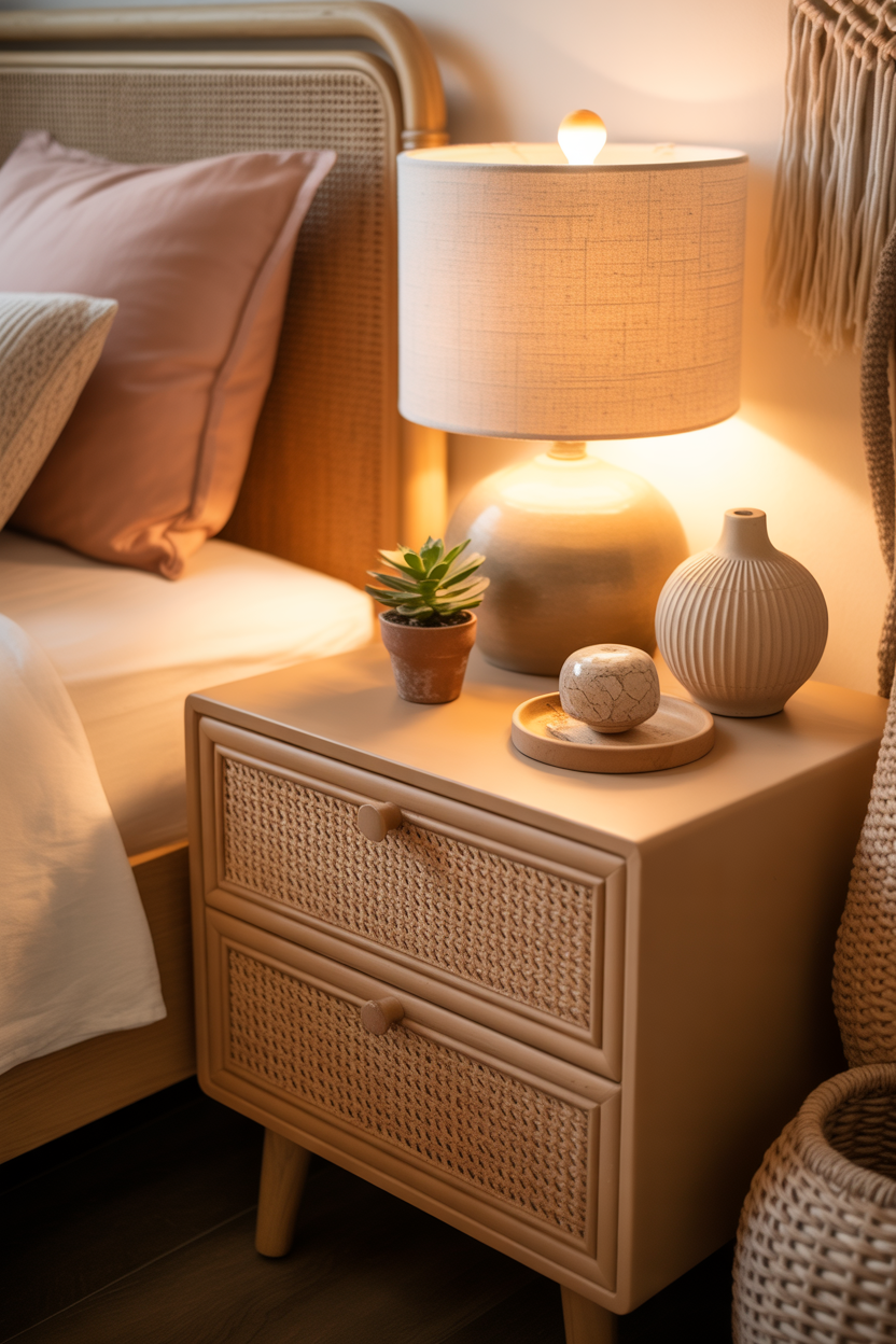 Tan nightstand with rattan detail and lamp