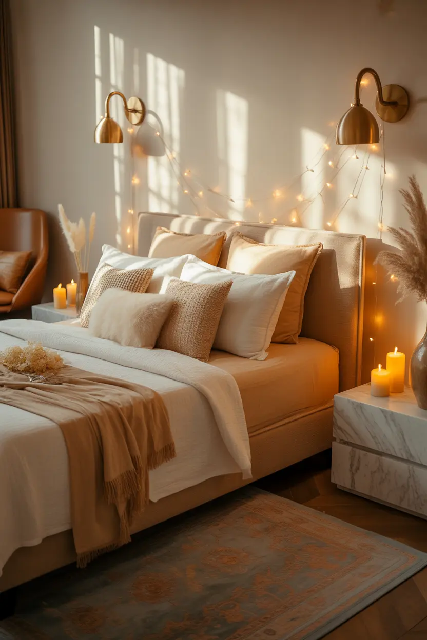 cozy tan bedroom with warm ambient lighting and glowing lamps