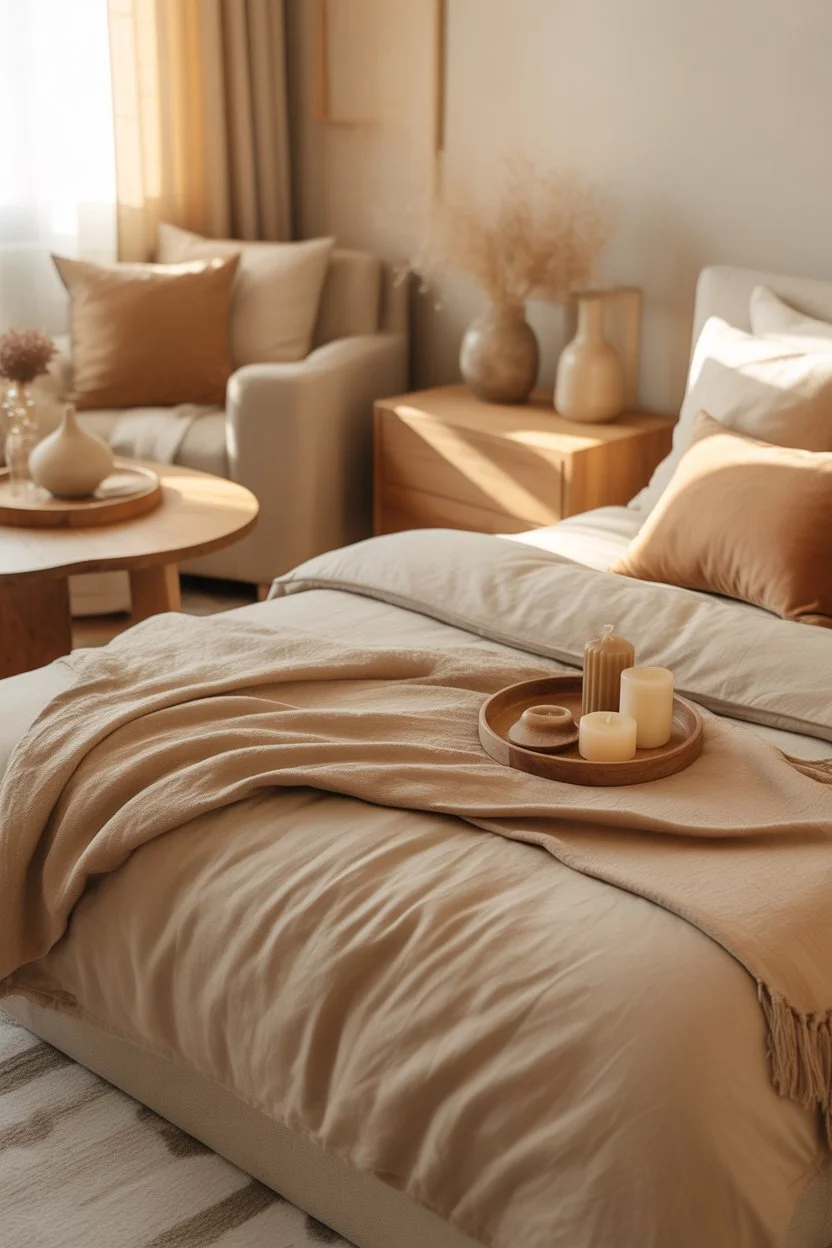 cozy tan bedroom with wooden accents and warm lighting