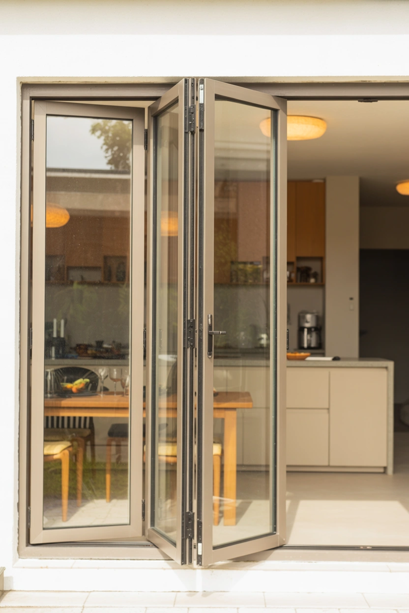 Three-panel bi-fold glass patio door opens to the outdoor dining area from the modern kitchen