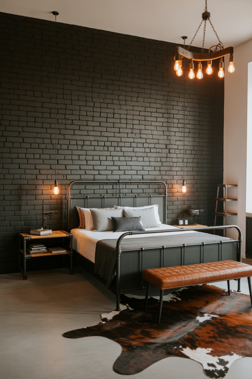 Industrial loft black brick bedroom with metal accents for urban sophisticated grown women