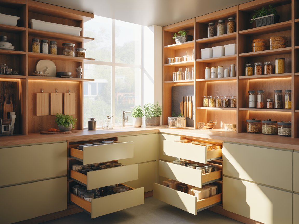 High-end smart corner pantry in a modern kitchen with motion-sensor lighting