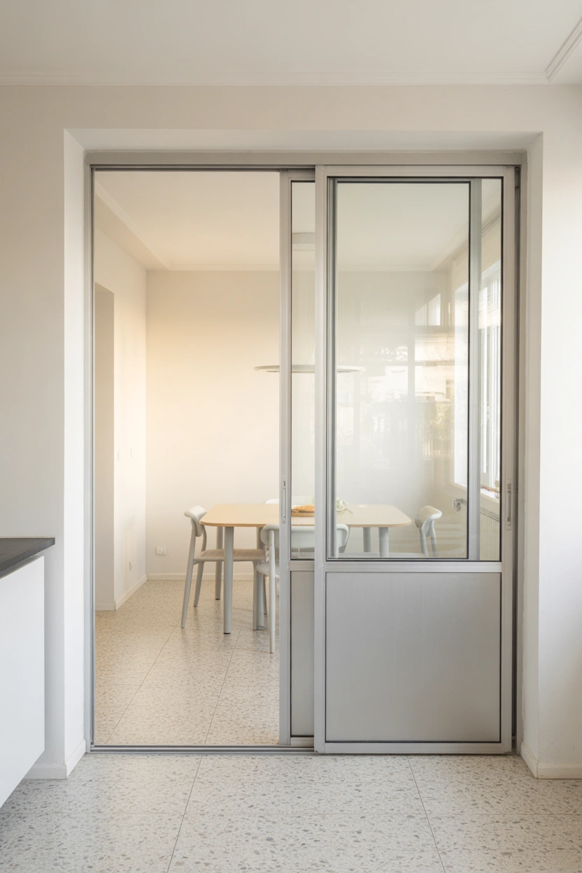 slim aluminum sliding glass patio door with frosted lower panels in a bright Scandinavian interior