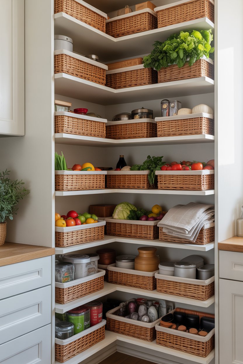 Innovative angled corner pantry shelving design for improved accessibility and storage