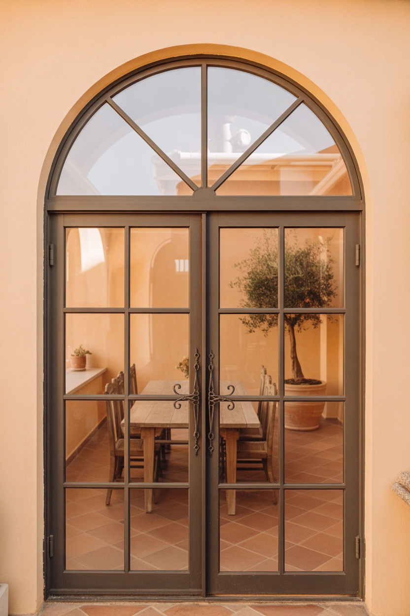 Arched top French glass patio doors with semicircular transom in warm Mediterranean dining room